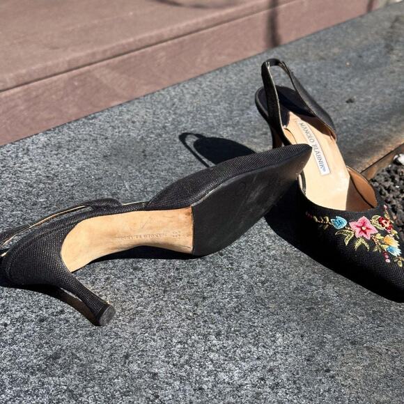 Vintage Manolo Blahnik Floral Embroidered Kitten Slingback Sandals in Black - Picture 7 of 8